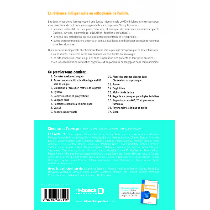 Neurologie et orthophonie - Tome 1 : Théorie et évaluation des troubles acquis de l'adulte